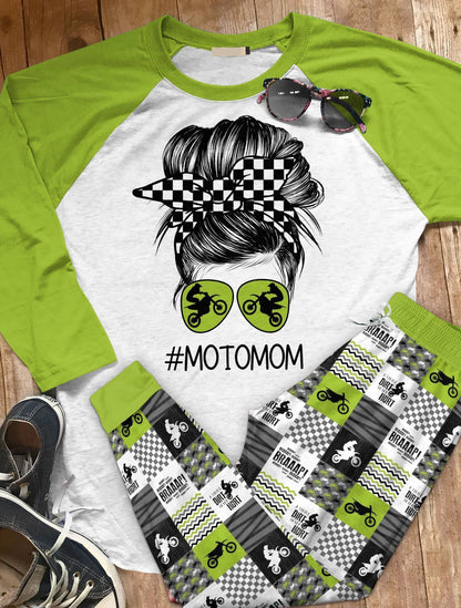 Motocross Set Moto Mom Pajama Set |Sleepwear Pjs Sets | Raglan Shirt Pants Set