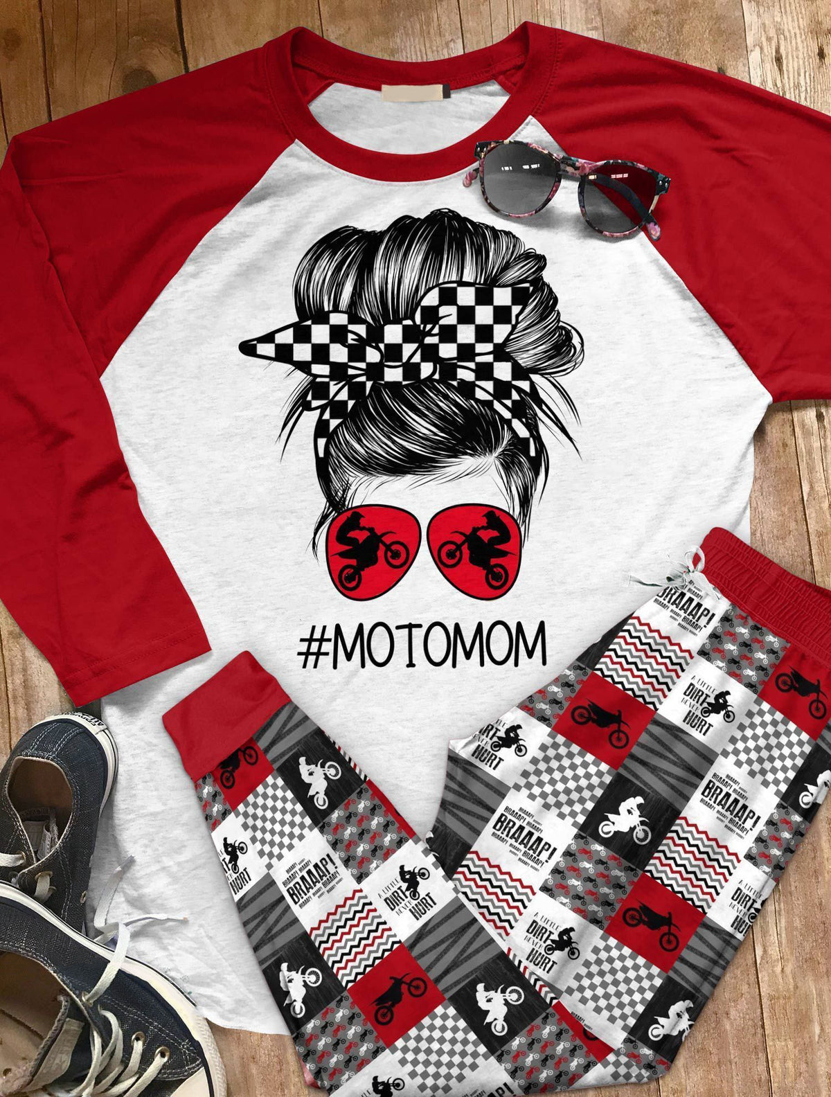 Motocross Set Moto Mom Pajama Set |Sleepwear Pjs Sets | Raglan Shirt Pants Set