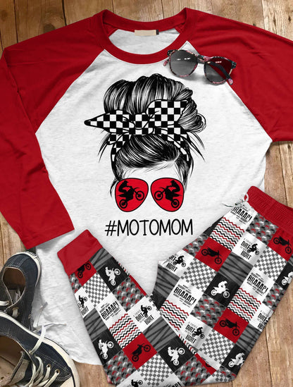 Motocross Set Moto Mom Pajama Set |Sleepwear Pjs Sets | Raglan Shirt Pants Set