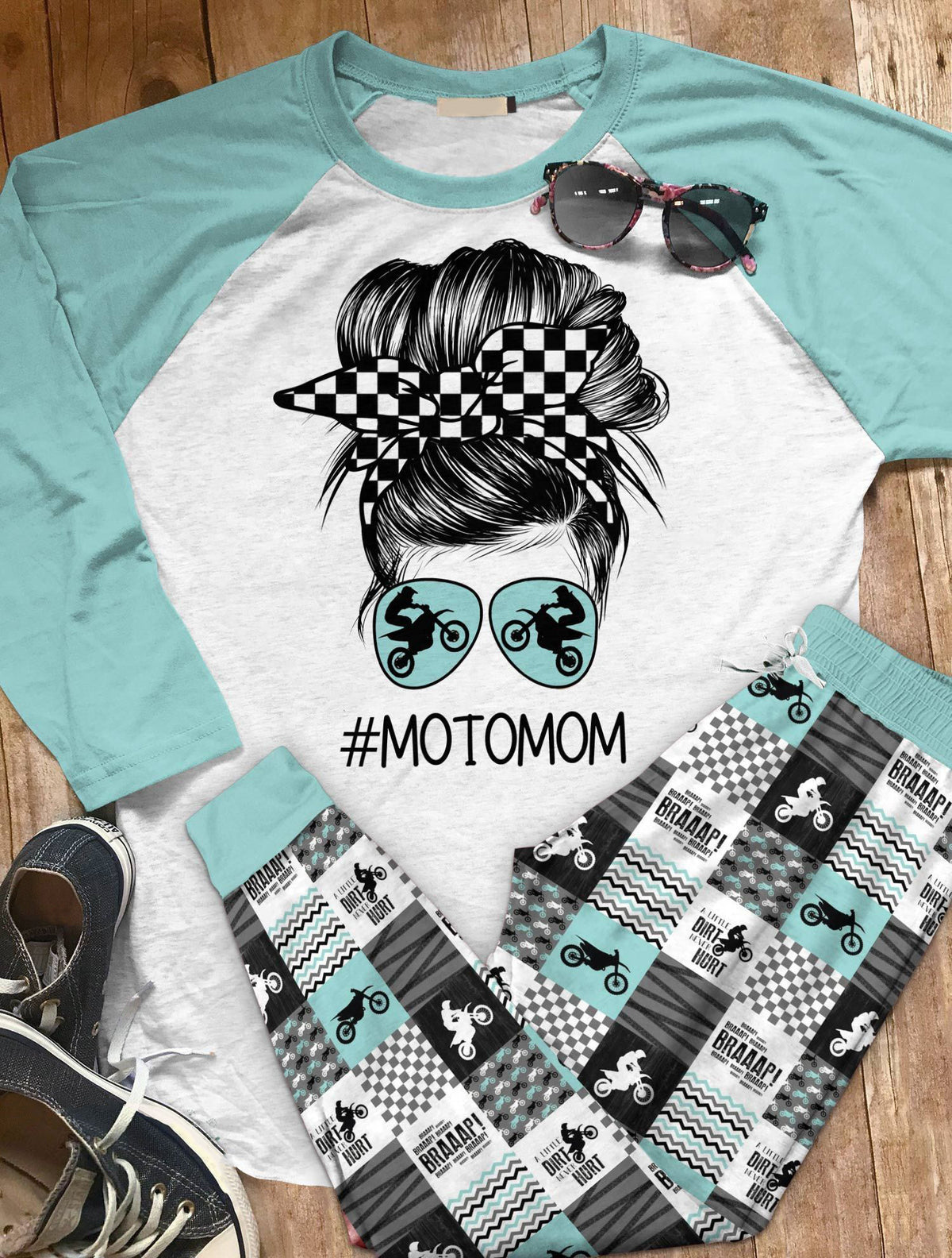 Motocross Set Moto Mom Pajama Set |Sleepwear Pjs Sets | Raglan Shirt Pants Set