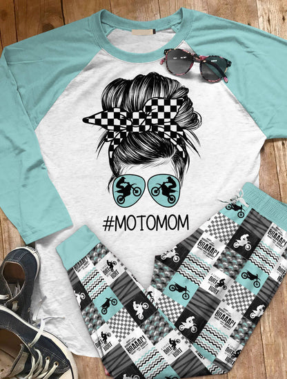 Motocross Set Moto Mom Pajama Set |Sleepwear Pjs Sets | Raglan Shirt Pants Set