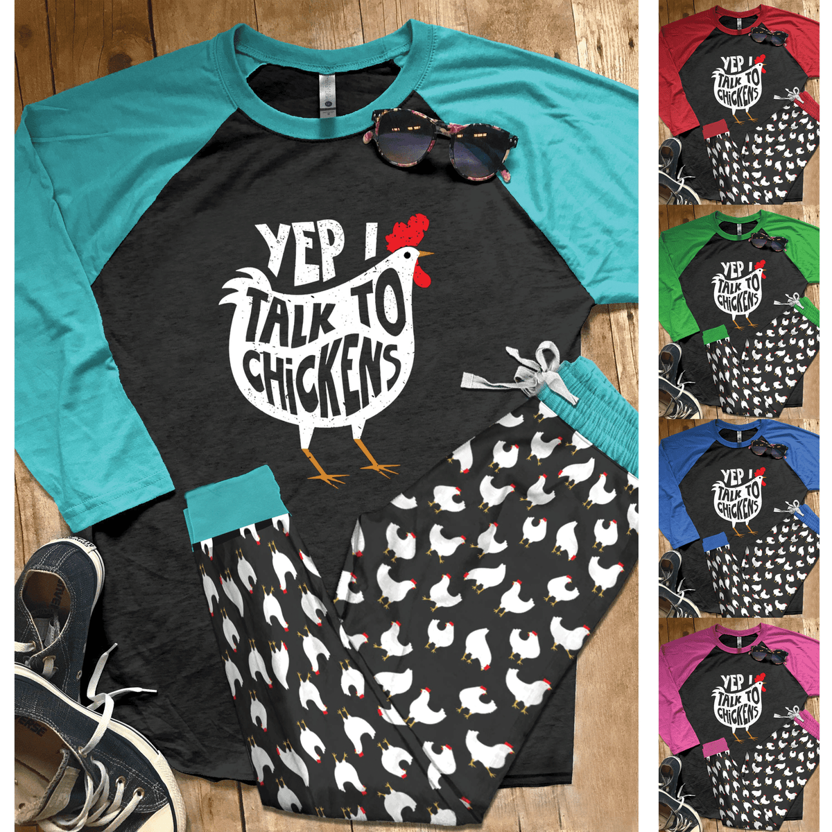 Chicken Set Talk To Chickens Pajama Set |Sleepwear Pjs Sets | Raglan Shirt Pants Set