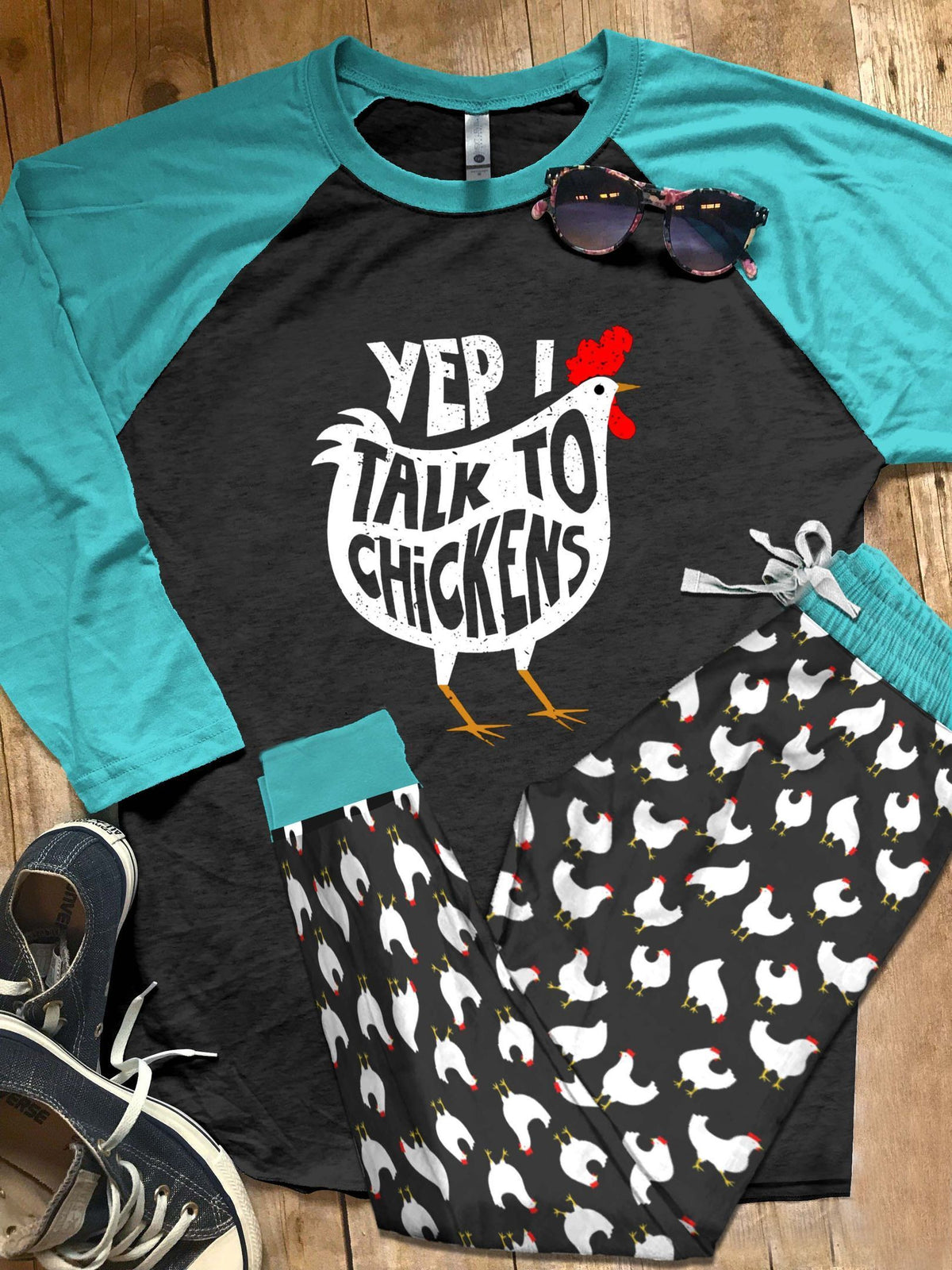 Chicken Set Talk To Chickens Pajama Set |Sleepwear Pjs Sets | Raglan Shirt Pants Set