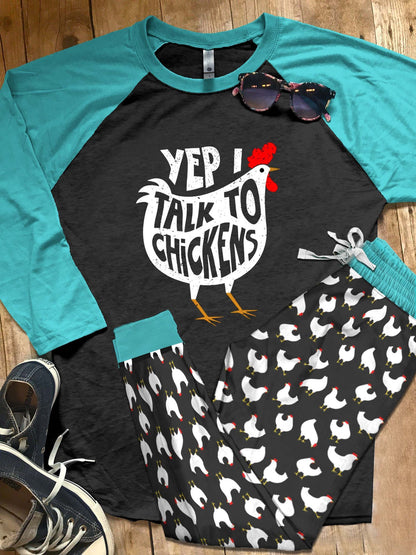Chicken Set Talk To Chickens Pajama Set |Sleepwear Pjs Sets | Raglan Shirt Pants Set