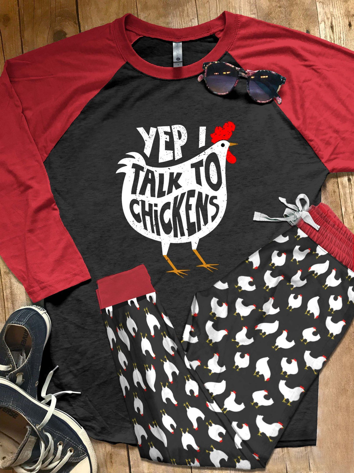 Chicken Set Talk To Chickens Pajama Set |Sleepwear Pjs Sets | Raglan Shirt Pants Set