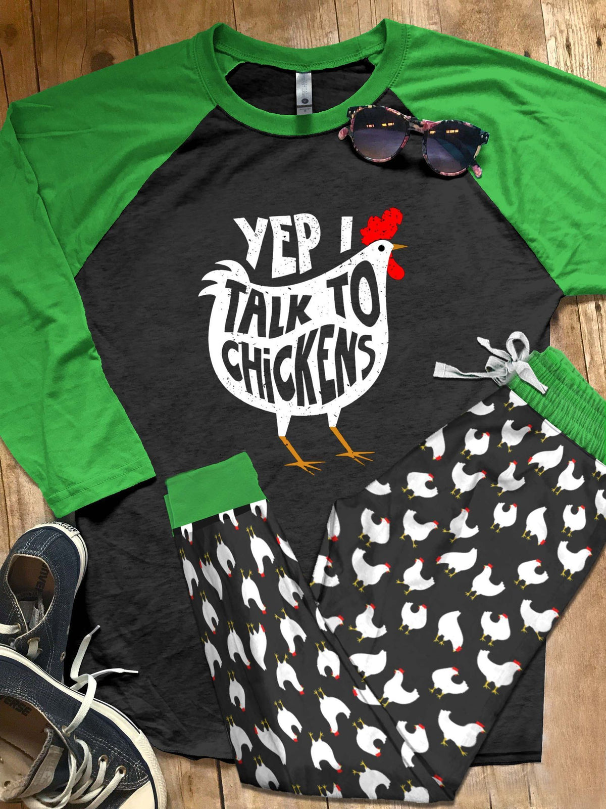 Chicken Set Talk To Chickens Pajama Set |Sleepwear Pjs Sets | Raglan Shirt Pants Set