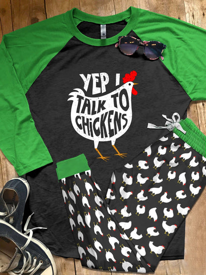 Chicken Set Talk To Chickens Pajama Set |Sleepwear Pjs Sets | Raglan Shirt Pants Set