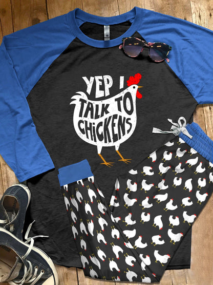 Chicken Set Talk To Chickens Pajama Set |Sleepwear Pjs Sets | Raglan Shirt Pants Set
