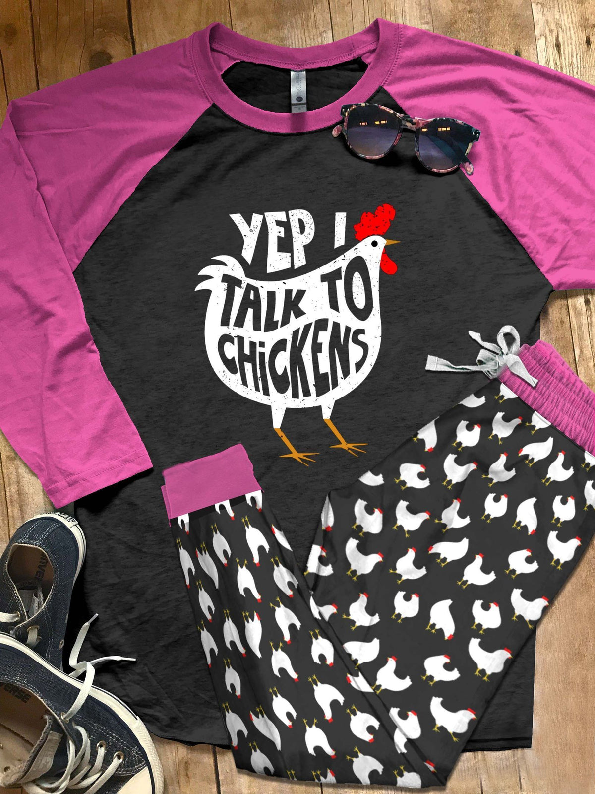 Chicken Set Talk To Chickens Pajama Set |Sleepwear Pjs Sets | Raglan Shirt Pants Set