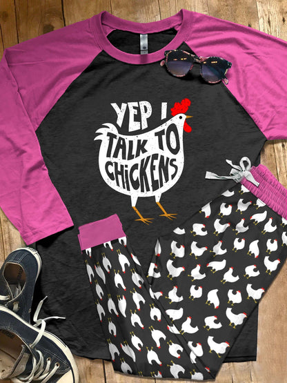 Chicken Set Talk To Chickens Pajama Set |Sleepwear Pjs Sets | Raglan Shirt Pants Set
