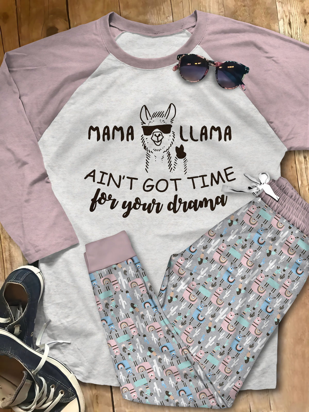 Llama Aint Got Time Blue Good Quality Pajama Set |Sleepwear Pjs Sets | Raglan Shirt Pants Set