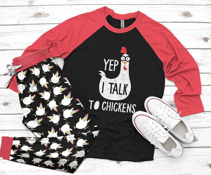 Chicken Set Yep I Talk To Chicken Pajama Set |Sleepwear Pjs Sets | Raglan Shirt Pants Set