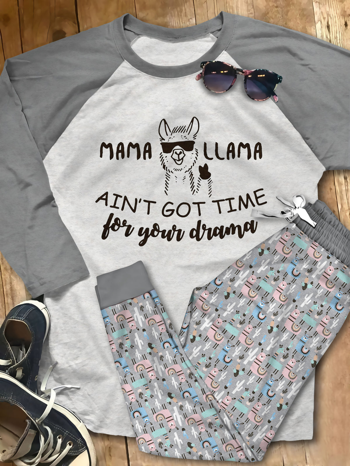 Llama Aint Got Time Blue Good Quality Pajama Set |Sleepwear Pjs Sets | Raglan Shirt Pants Set