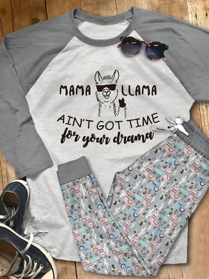 Llama Aint Got Time Blue Good Quality Pajama Set |Sleepwear Pjs Sets | Raglan Shirt Pants Set
