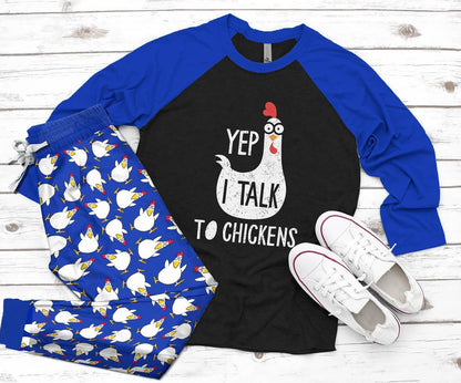 Chicken Set Yep I Talk To Chicken Pajama Set |Sleepwear Pjs Sets | Raglan Shirt Pants Set