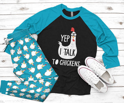 Chicken Set Yep I Talk To Chicken Pajama Set |Sleepwear Pjs Sets | Raglan Shirt Pants Set