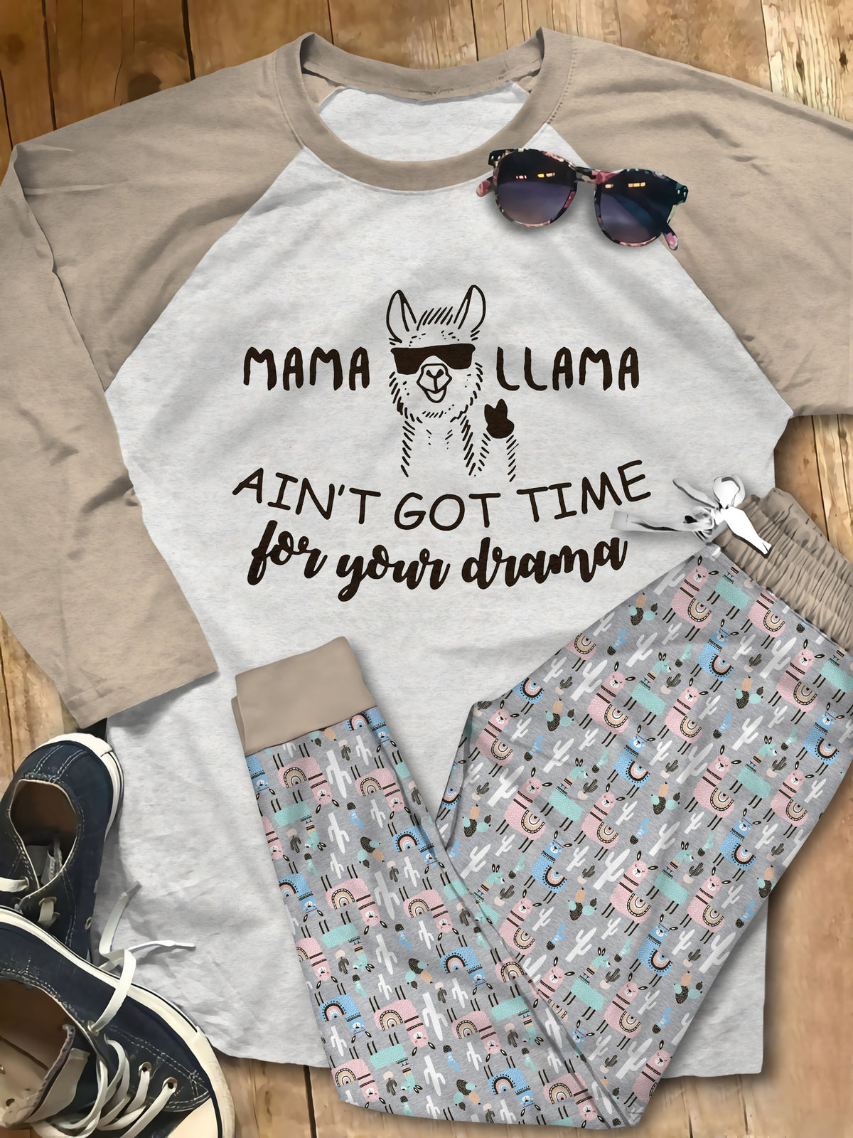Llama Aint Got Time Blue Good Quality Pajama Set |Sleepwear Pjs Sets | Raglan Shirt Pants Set