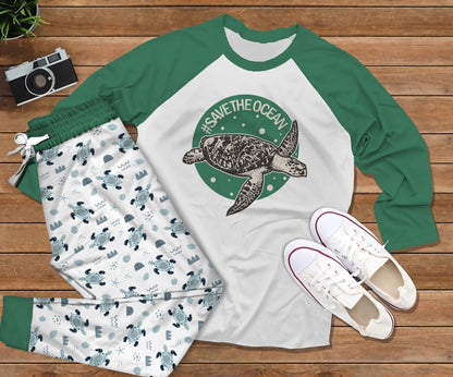 Sea Turtle Savee Ocean Green Unique Pajama Set |Sleepwear Pjs Sets | Raglan Shirt Pants Set