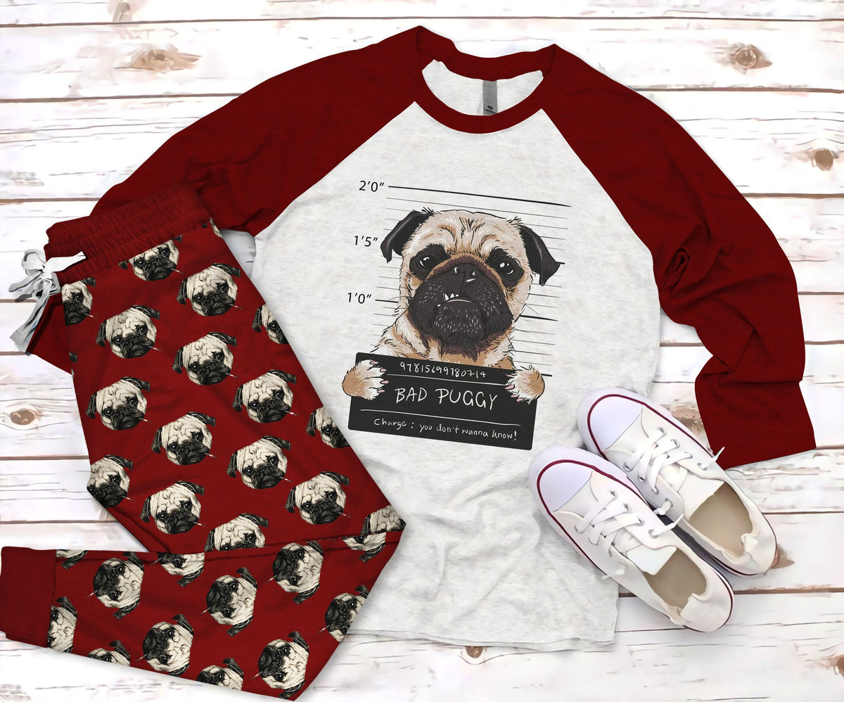 Pug Bad Puggy Maroon Good Quality Pajama Set |Sleepwear Pjs Sets | Raglan Shirt Pants Set