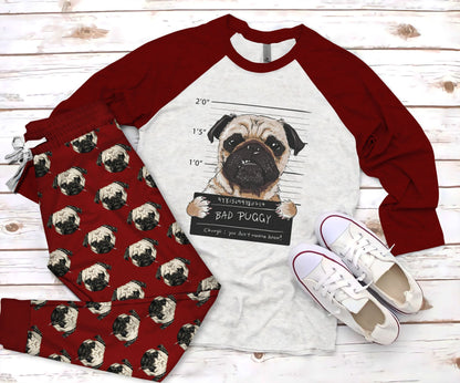 Pug Bad Puggy Maroon Good Quality Pajama Set |Sleepwear Pjs Sets | Raglan Shirt Pants Set