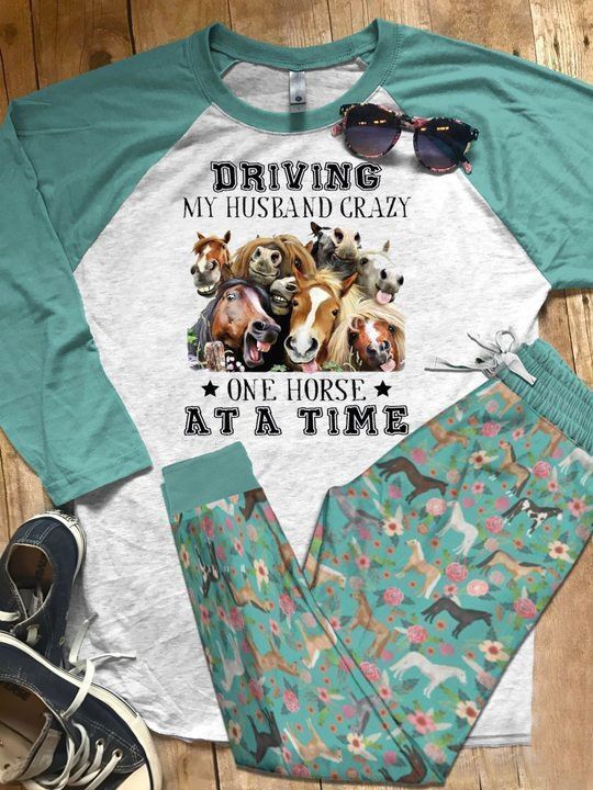 Horse Husband Teal Good Pajama Set |Sleepwear Pjs Sets | Raglan Shirt Pants Set