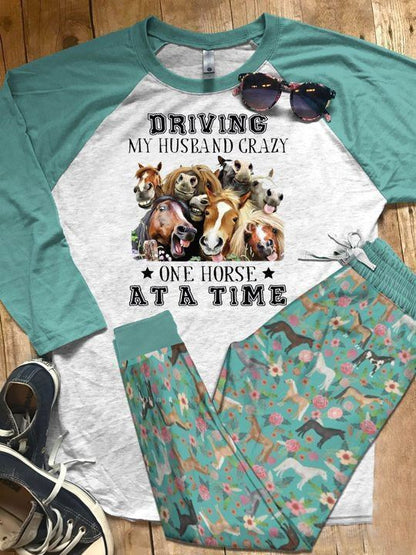 Horse Husband Teal Good Pajama Set |Sleepwear Pjs Sets | Raglan Shirt Pants Set