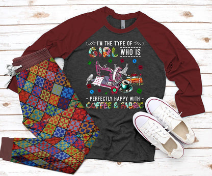 Sewing Coffee And Fabric Burgundy High Quality Pajama Set |Sleepwear Pjs Sets | Raglan Shirt Pants Set