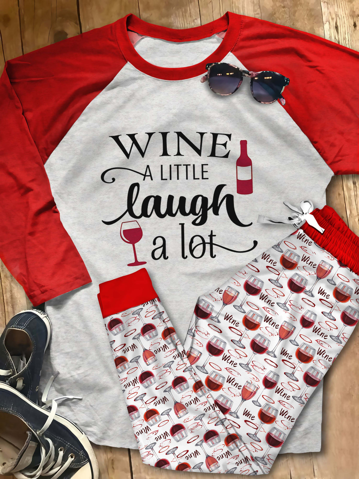 Wine Set Wine A Little Laugh A Lot Cl Pajama Set |Sleepwear Pjs Sets | Raglan Shirt Pants Set