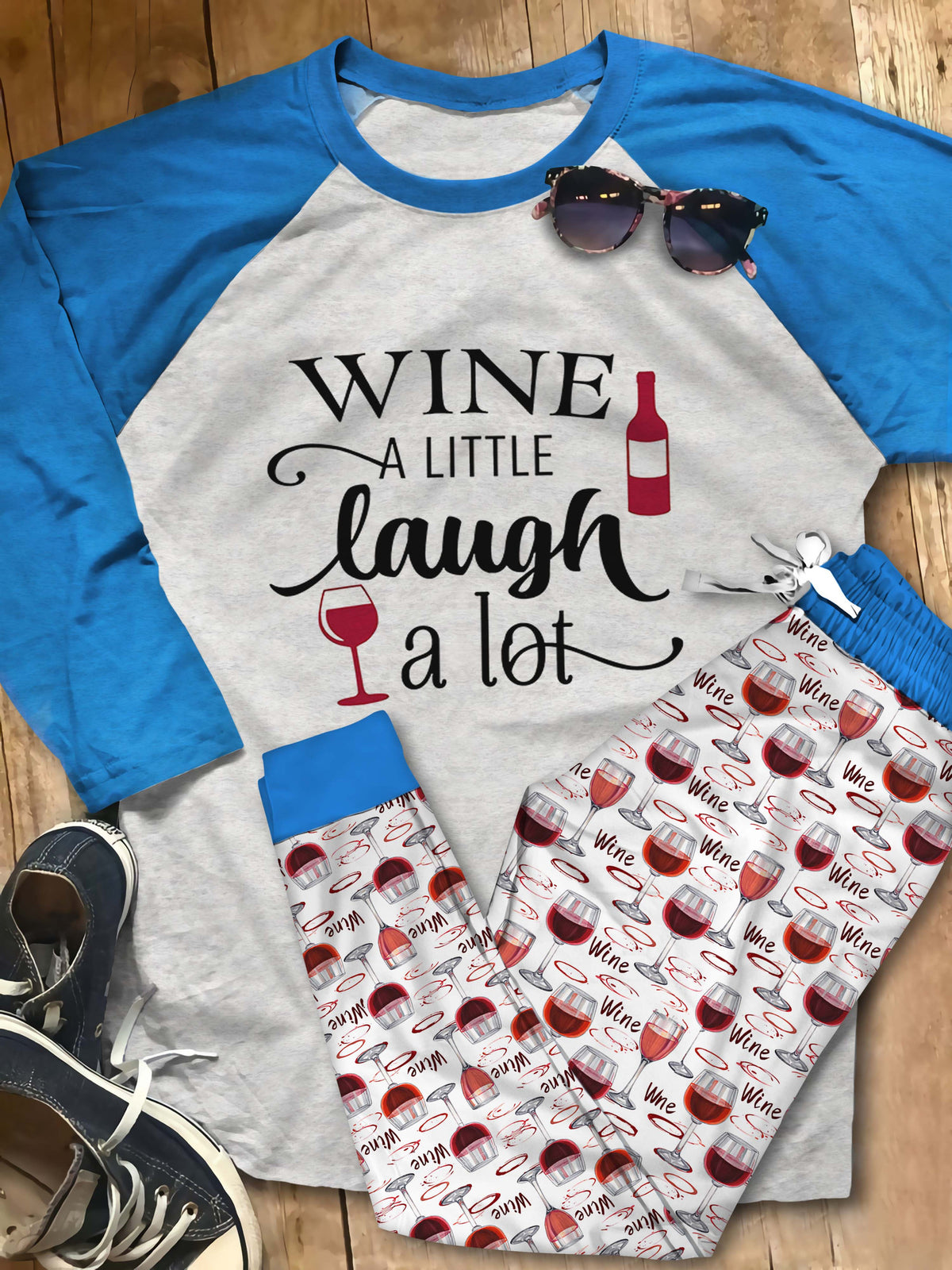 Wine Set Wine A Little Laugh A Lot Cl Pajama Set |Sleepwear Pjs Sets | Raglan Shirt Pants Set