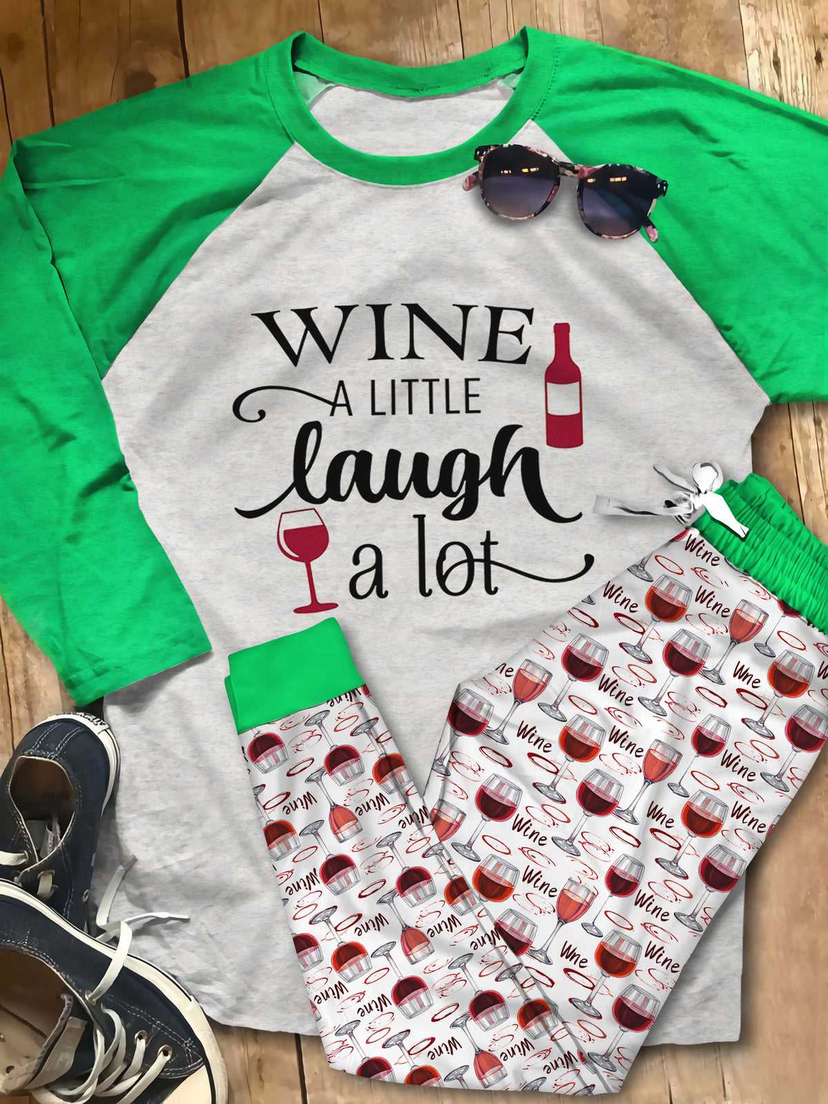 Wine Set Wine A Little Laugh A Lot Cl Pajama Set |Sleepwear Pjs Sets | Raglan Shirt Pants Set
