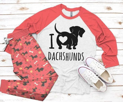 Dachshund I Love Dachshund Pink Awesome Pajama Set |Sleepwear Pjs Sets | Raglan Shirt Pants Set