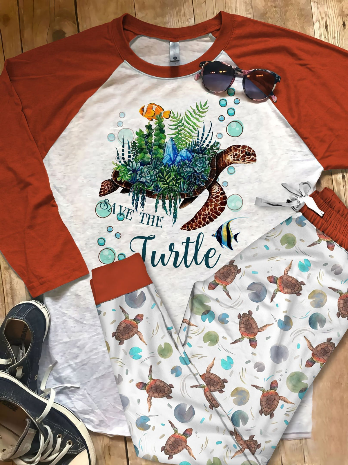 Sea Turle Savee Turtle Red Amazing Pajama Set |Sleepwear Pjs Sets | Raglan Shirt Pants Set