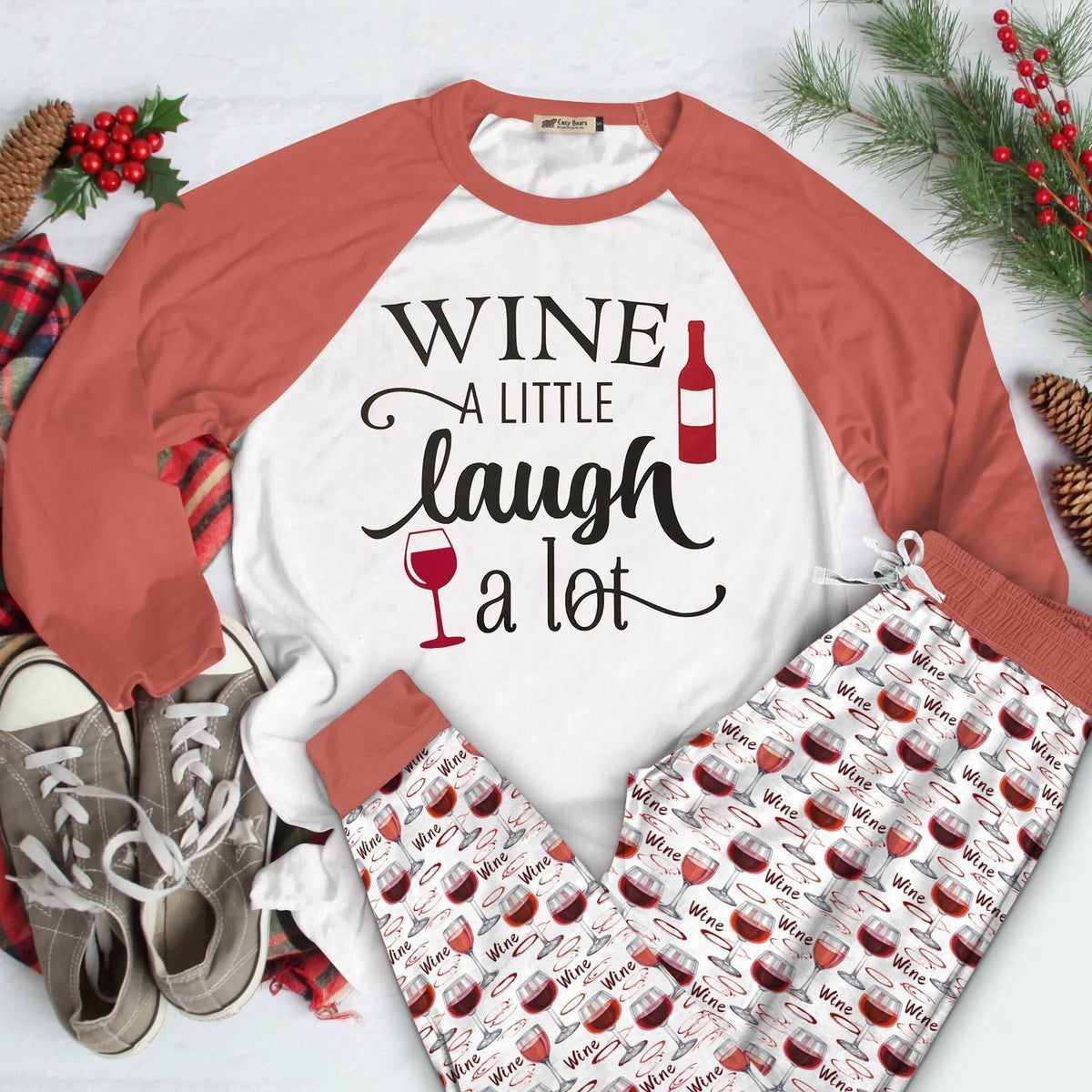 Wine Set Wine A Little Laugh A Lot Cl Pajama Set |Sleepwear Pjs Sets | Raglan Shirt Pants Set