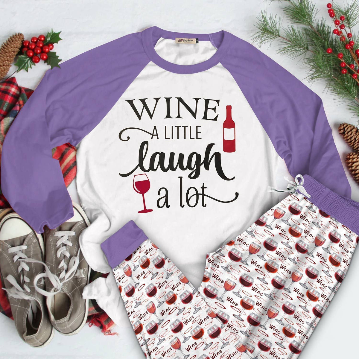 Wine Set Wine A Little Laugh A Lot Cl Pajama Set |Sleepwear Pjs Sets | Raglan Shirt Pants Set