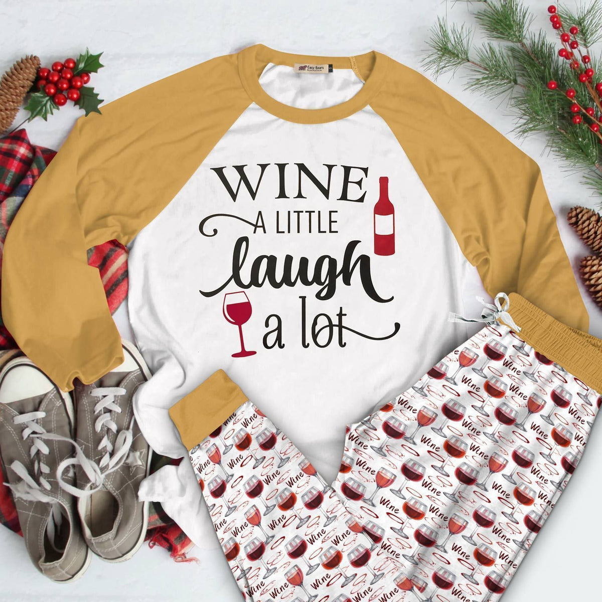 Wine Set Wine A Little Laugh A Lot Cl Pajama Set |Sleepwear Pjs Sets | Raglan Shirt Pants Set