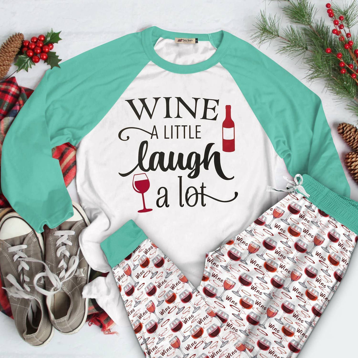 Wine Set Wine A Little Laugh A Lot Cl Pajama Set |Sleepwear Pjs Sets | Raglan Shirt Pants Set