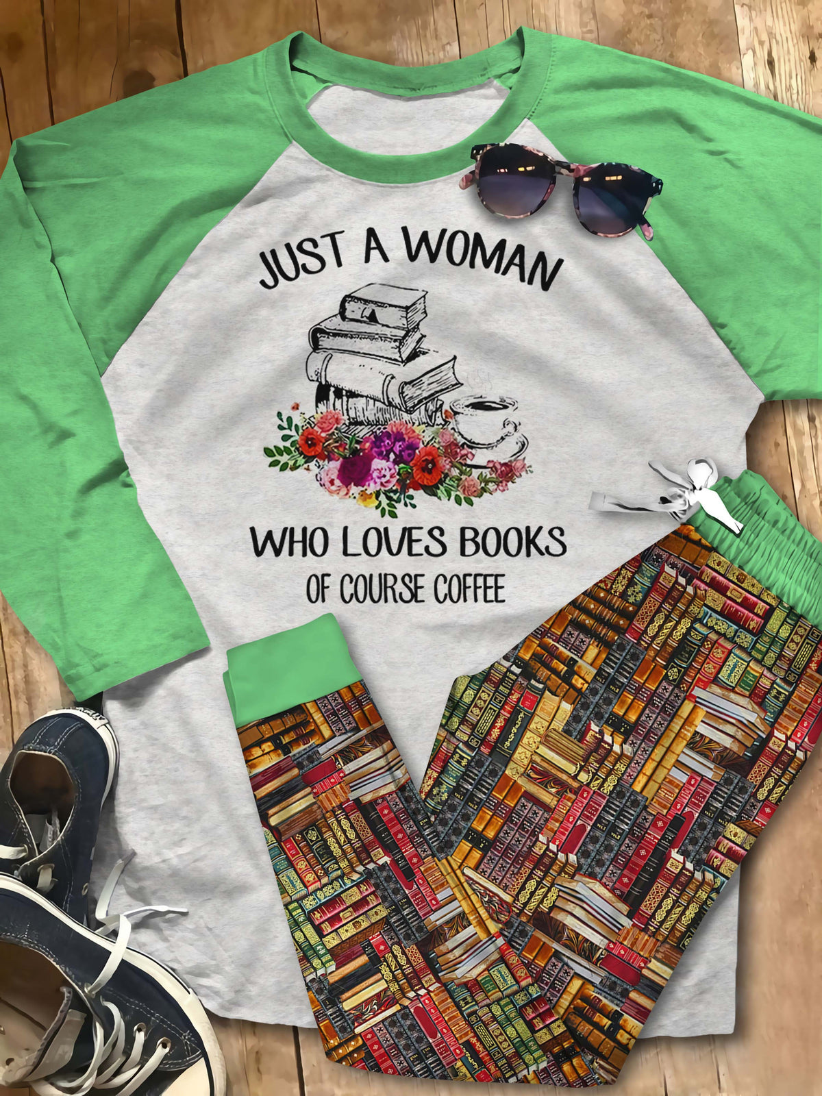 Just A Woman Who Loves Books Of Course Coffee Pajama Set |Sleepwear Pjs Sets | Raglan Shirt Pants Set