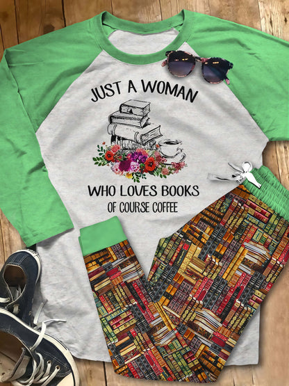 Just A Woman Who Loves Books Of Course Coffee Pajama Set |Sleepwear Pjs Sets | Raglan Shirt Pants Set