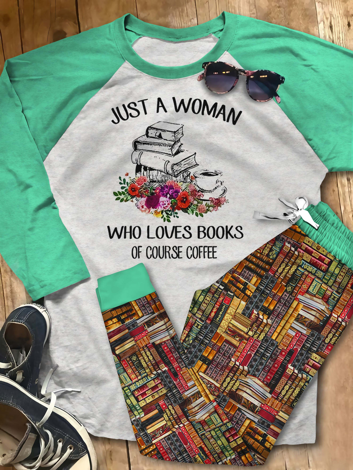Just A Woman Who Loves Books Of Course Coffee Pajama Set |Sleepwear Pjs Sets | Raglan Shirt Pants Set