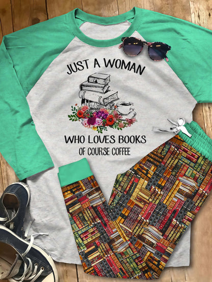 Just A Woman Who Loves Books Of Course Coffee Pajama Set |Sleepwear Pjs Sets | Raglan Shirt Pants Set