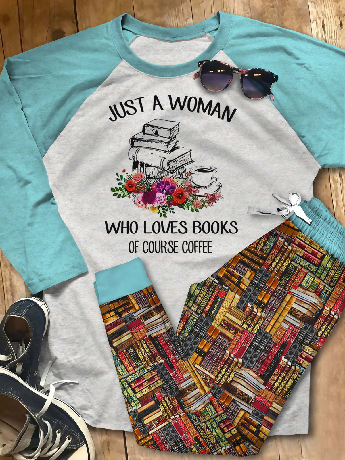 Just A Woman Who Loves Books Of Course Coffee Pajama Set |Sleepwear Pjs Sets | Raglan Shirt Pants Set