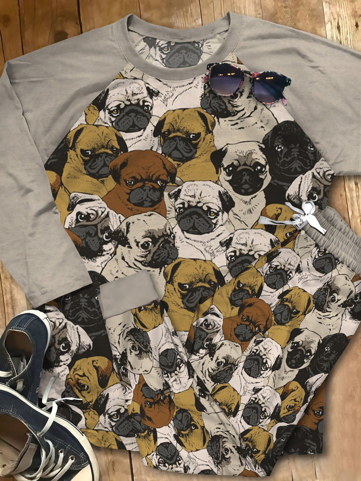 Pug Black Amazing Pajama Set |Sleepwear Pjs Sets | Raglan Shirt Pants Set