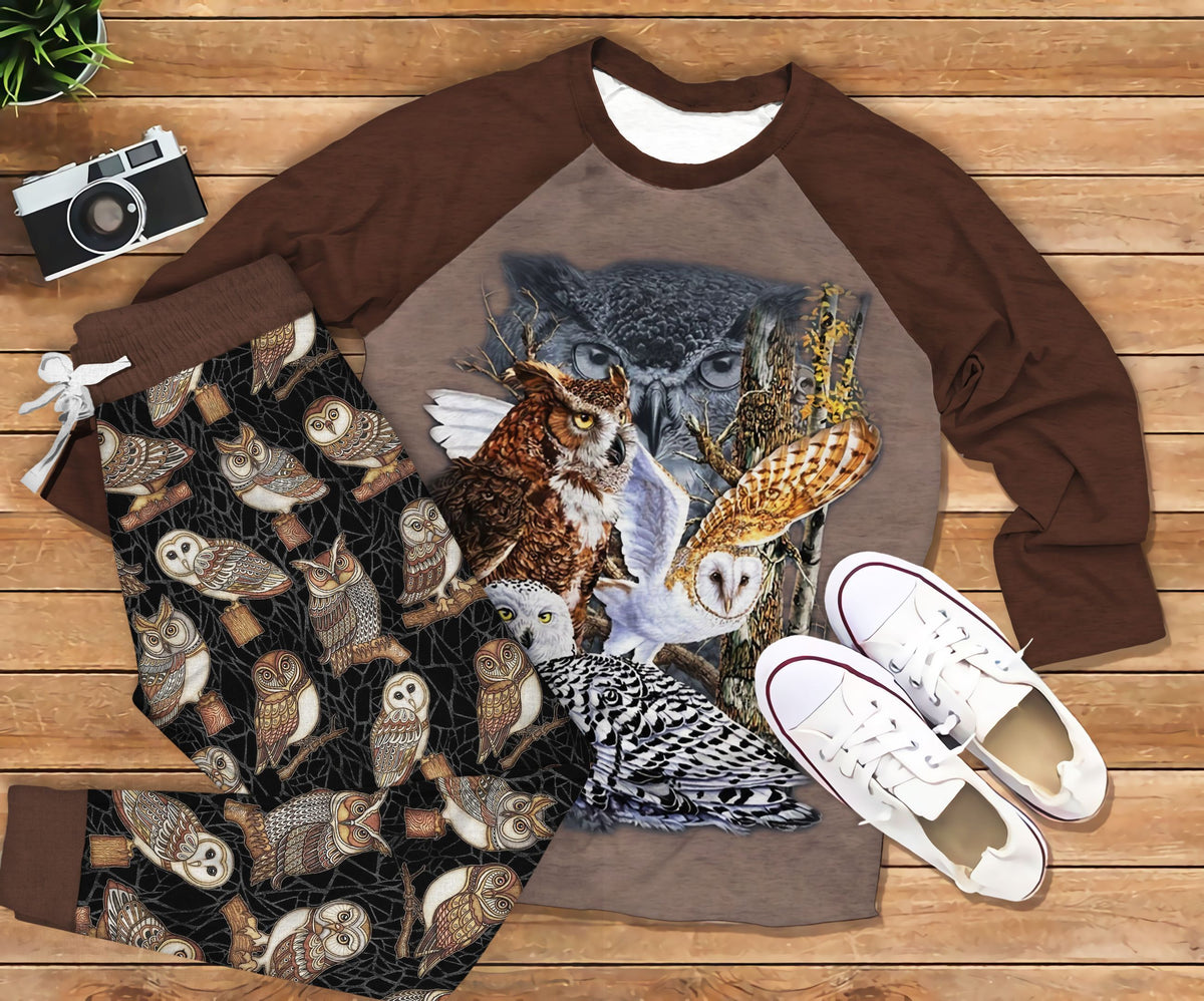 Owl Natural Gang Brown Good Quality Pajama Set |Sleepwear Pjs Sets | Raglan Shirt Pants Set