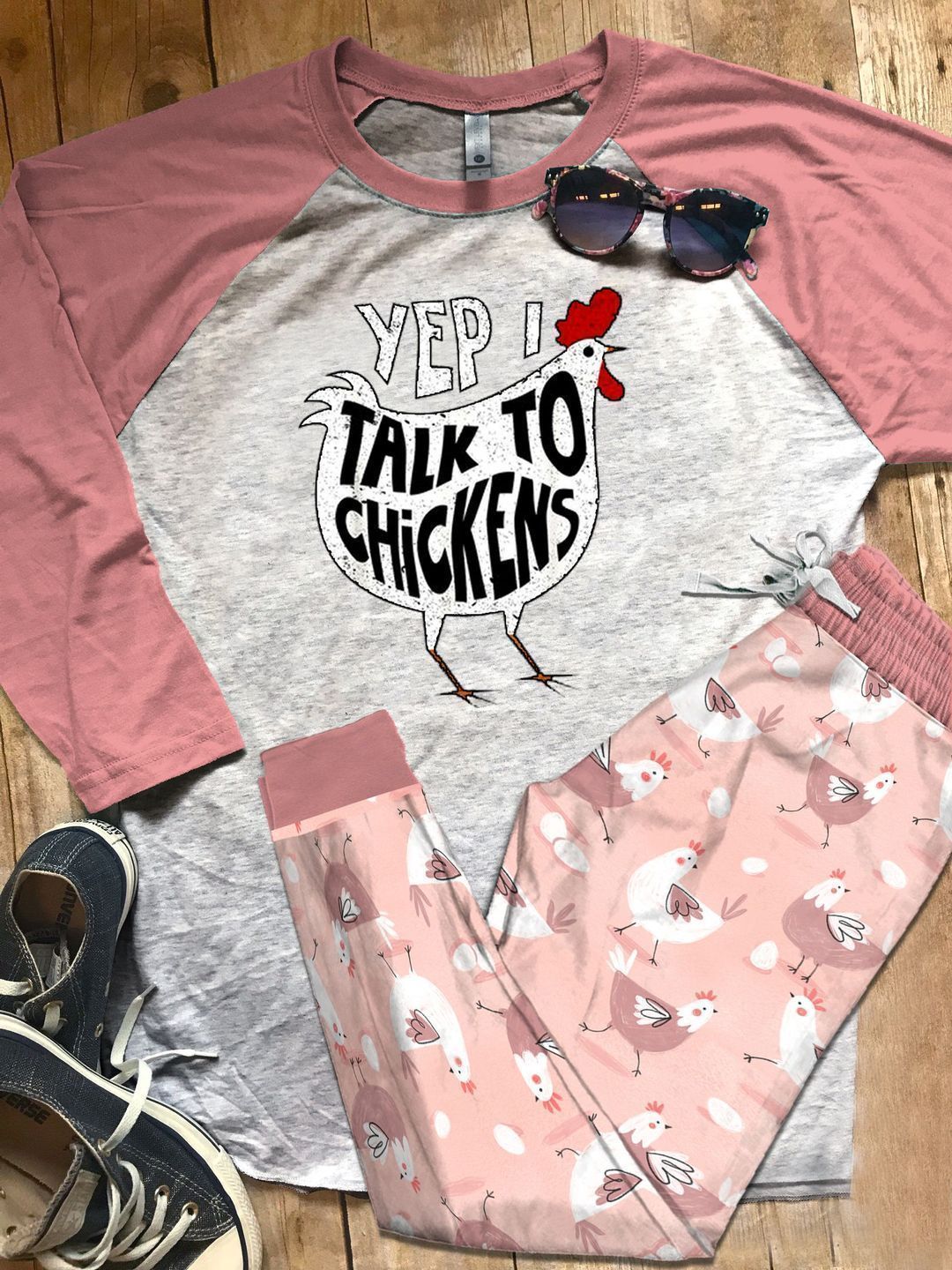 Chicken I Talk To Chicken Pink High Quality Pajama Set |Sleepwear Pjs Sets | Raglan Shirt Pants Set