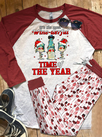 Wine Set Colors Pajama Set |Sleepwear Pjs Sets | Raglan Shirt Pants Set
