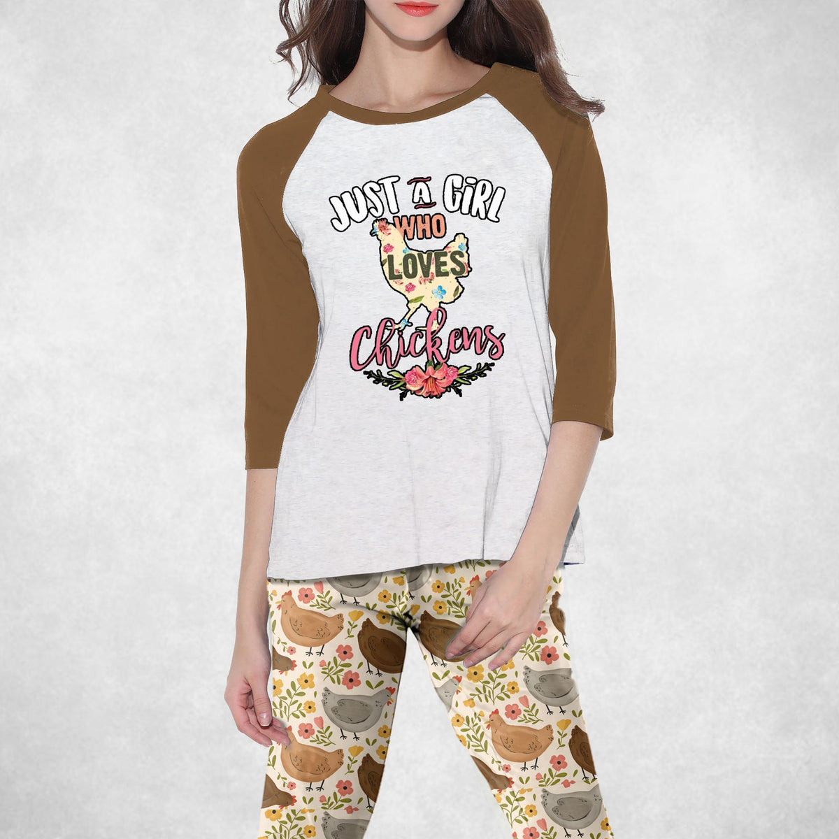 Chicken A Girl Who Loves Chickens Khaki Amazing Pajama Set |Sleepwear Pjs Sets | Raglan Shirt Pants Set