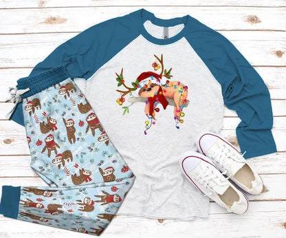 Sloth Lazy Christmas Blue Best Pajama Set |Sleepwear Pjs Sets | Raglan Shirt Pants Set