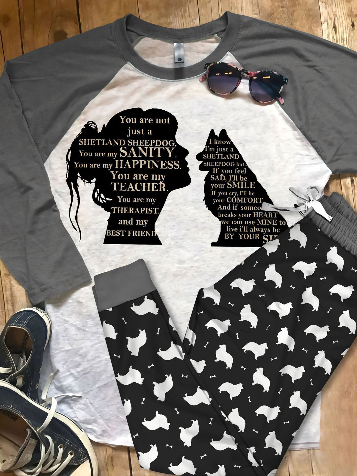 Shetland Sheepdog My Whole World Pajama Set |Sleepwear Pjs Sets | Raglan Shirt Pants Set
