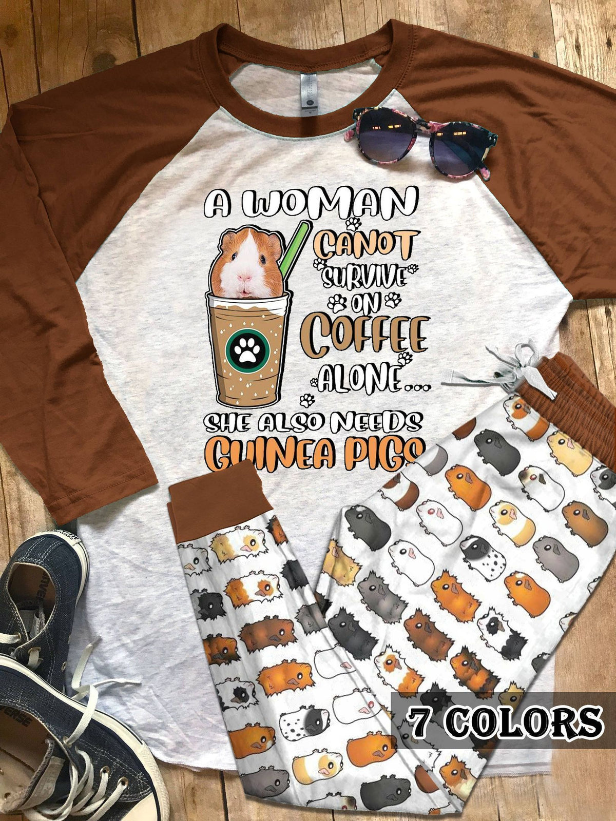 Guinea Pigs And Coffee Brown Nice Pajama Set |Sleepwear Pjs Sets | Raglan Shirt Pants Set