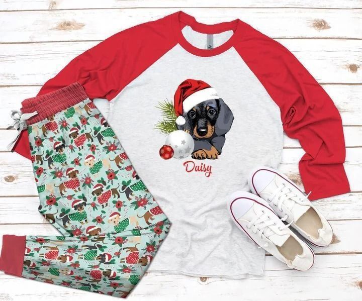 Dachshund Christmas Dachshund Pajama Set |Sleepwear Pjs Sets | Raglan Shirt Pants Set